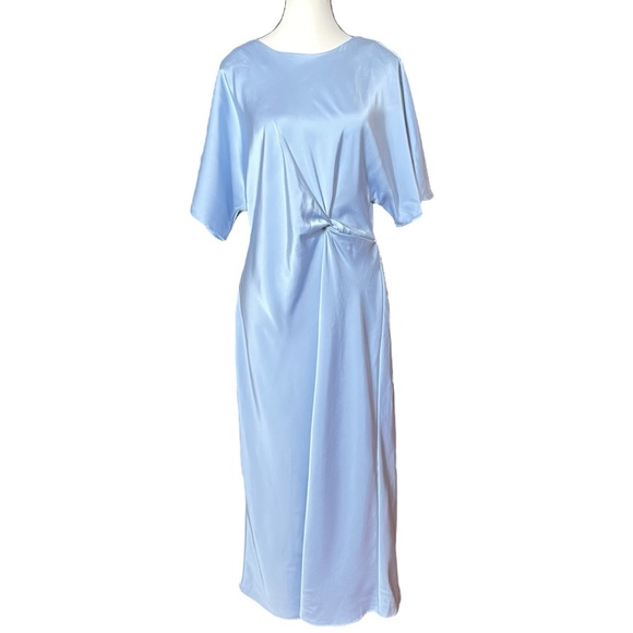 ZARA Blue Satin Midi Dress Twist Knot Waist Slip Dress XL Elegant Minimalist - Picture 2 of 10
